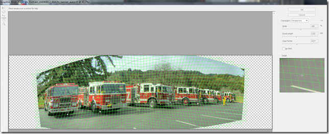 Example of Adaptive Wide Angle Filter Dialog with a constraint line drawn to pull the trucks into a more pleasing line
