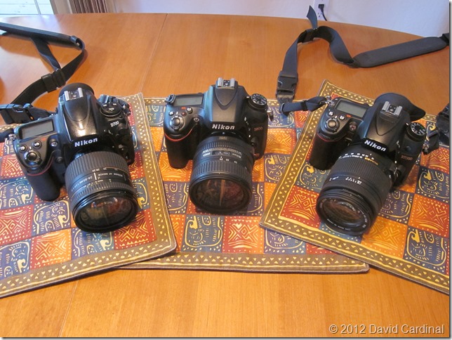 Nikon D700 with 24-85mm f/2.8-f/4 lens on the left, Nikon D600 with new 24-85mm AF-S VR in center, and Nikon D7000 with new Sigma 18-250mm (DX) lens on the right