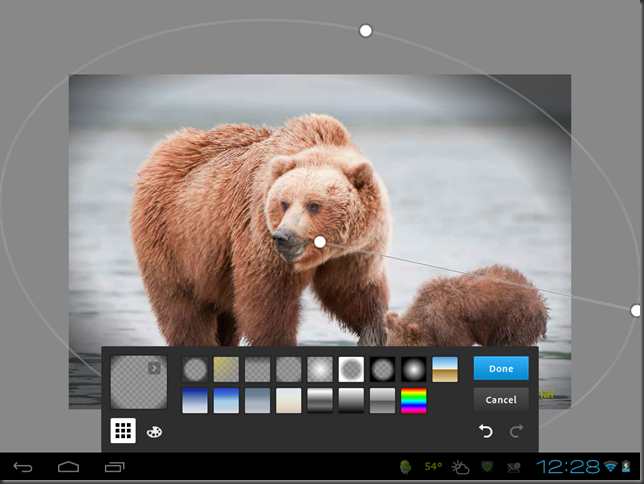 Screenshot of Adobe Photoshop Touch showing the elegant controls for the Gradient command