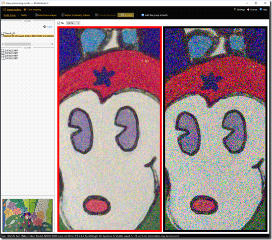 On the left is the noise-reduced image created by PhotoAcute which is much improved over the single image shown on the right