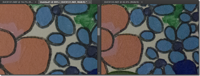 On the left is the noise-reduced image stack which is much improved over the single image shown on the right