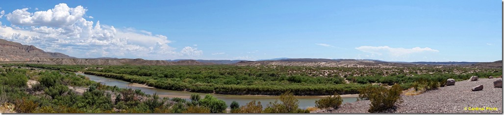 Here we are standing almost surrounded by Mexico in Big Bend National Park, Texas. The far side of the river, and the town, are both in Mexico. There was a guard or two on each side of the river. A wall would need to be on our side, and cut us off from the river of course.